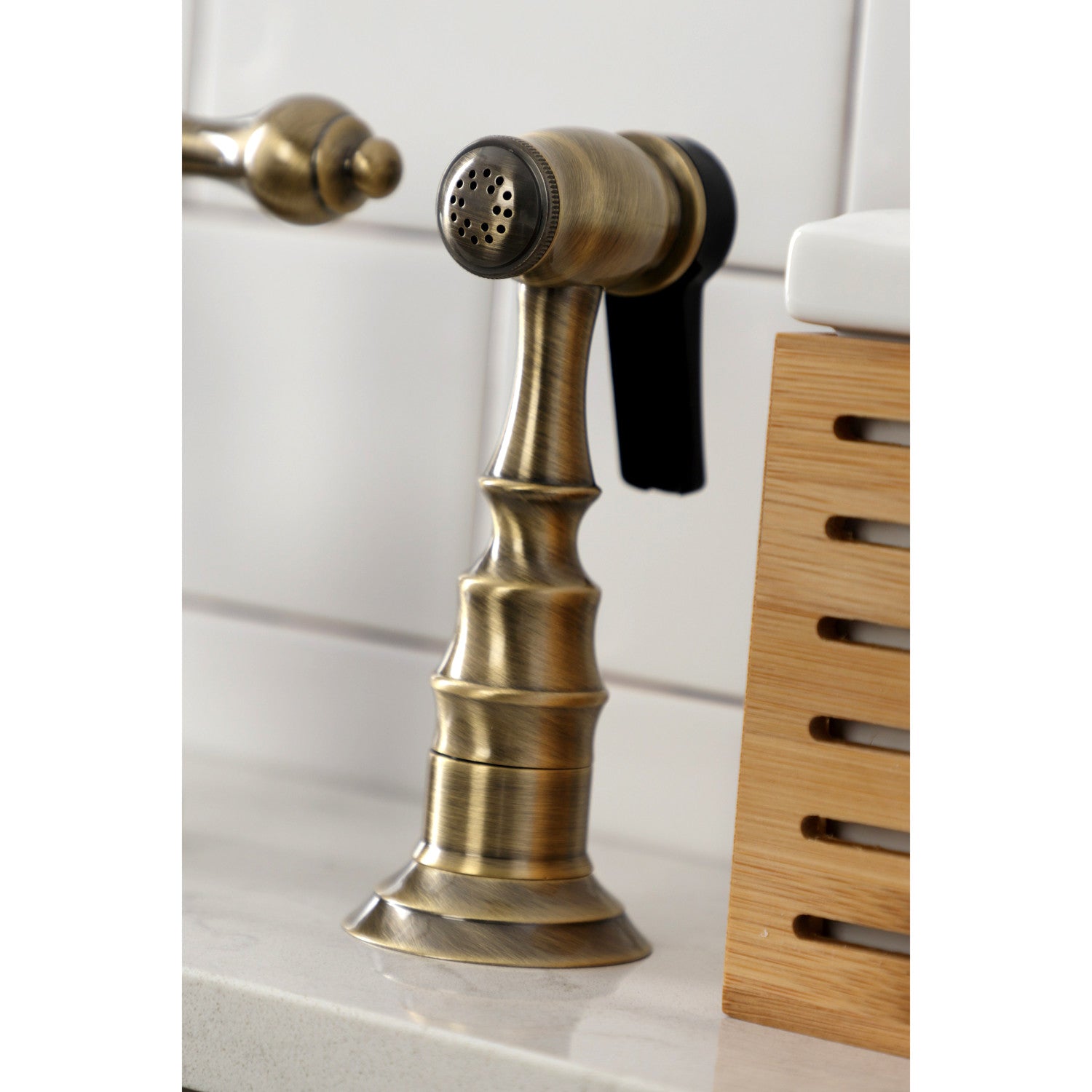 Kingston Heirloom KS7753ALBS - English Country Two-Handle 3-Hole Deck Mount Bridge Kitchen Faucet with Brass Sprayer, Antique Brass — thumbnail 3